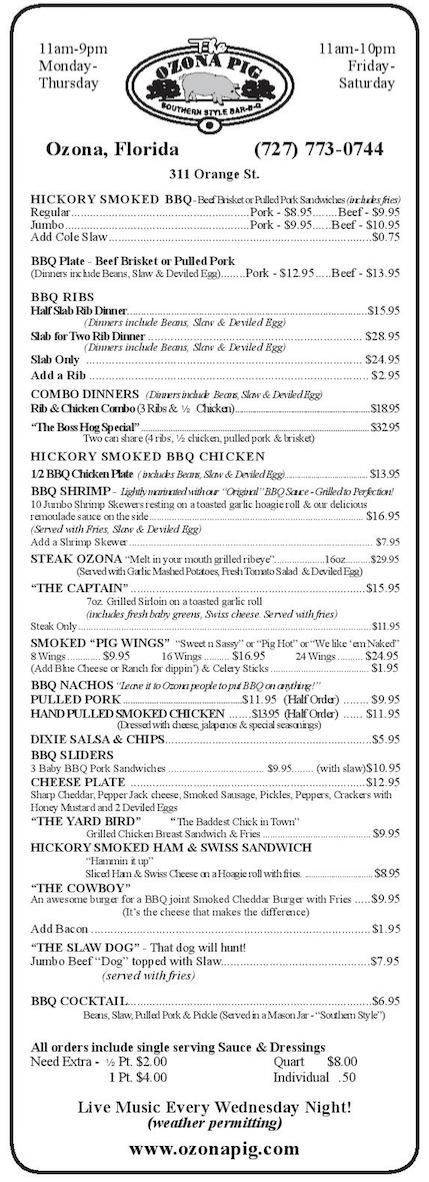 The Ozona Pig Takeout Menu - The Ozona Pig